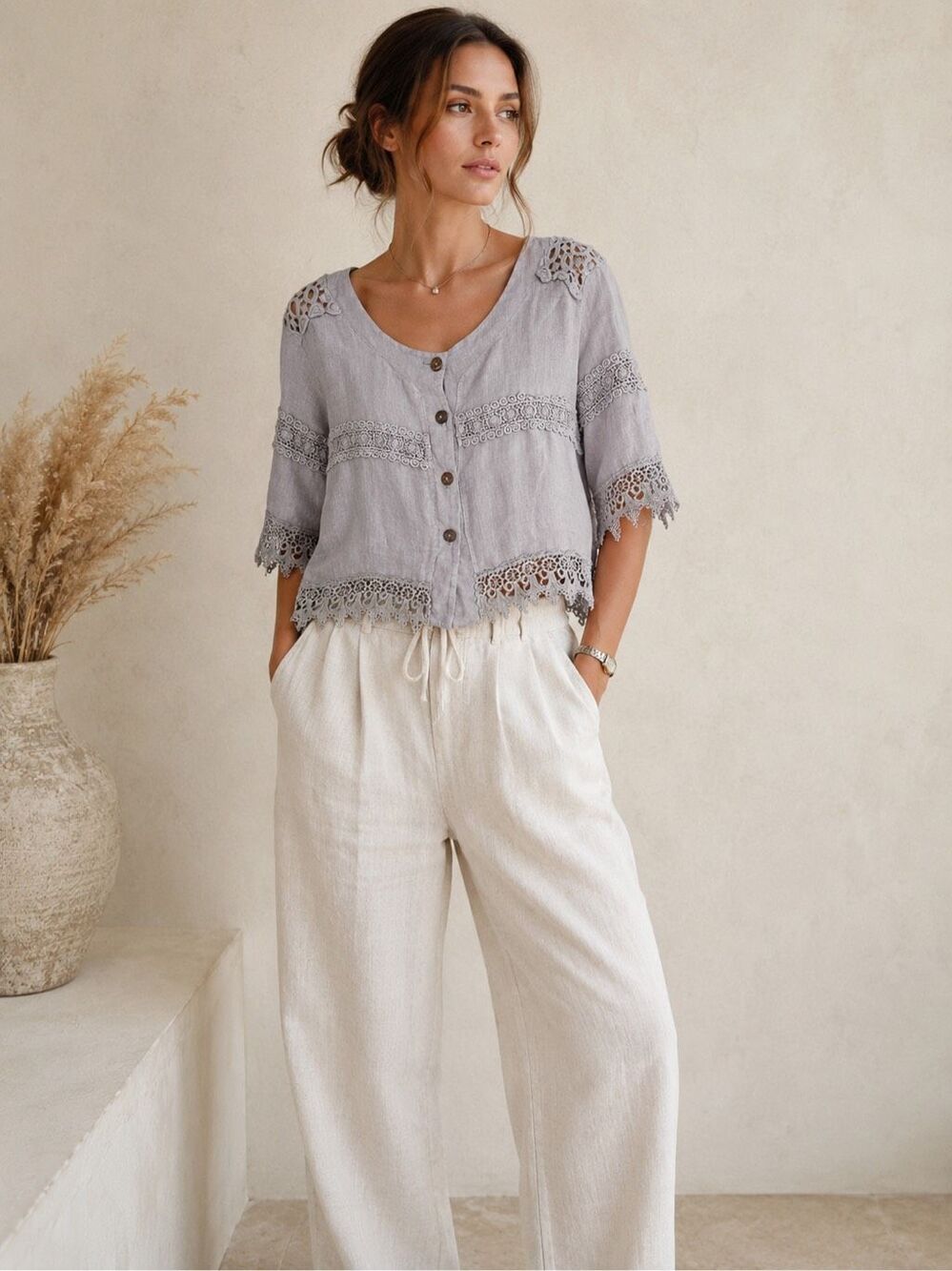 Italian Luxury Boutique 100% Linen Crochet Lace Trim Cropped Blouse Gray Size XL
